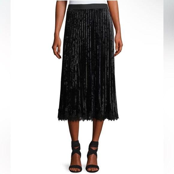 Kobi Halperin x Erte Paulette Crushed Velvet Pleated Midi Skirt Lace Hem Sz. L - Picture 1 of 11